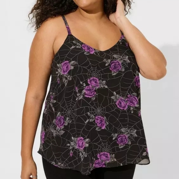 torrid Tops - Torrid Sophie Chiffon Swing Cami - Rosey Webs Flioral Rich Black